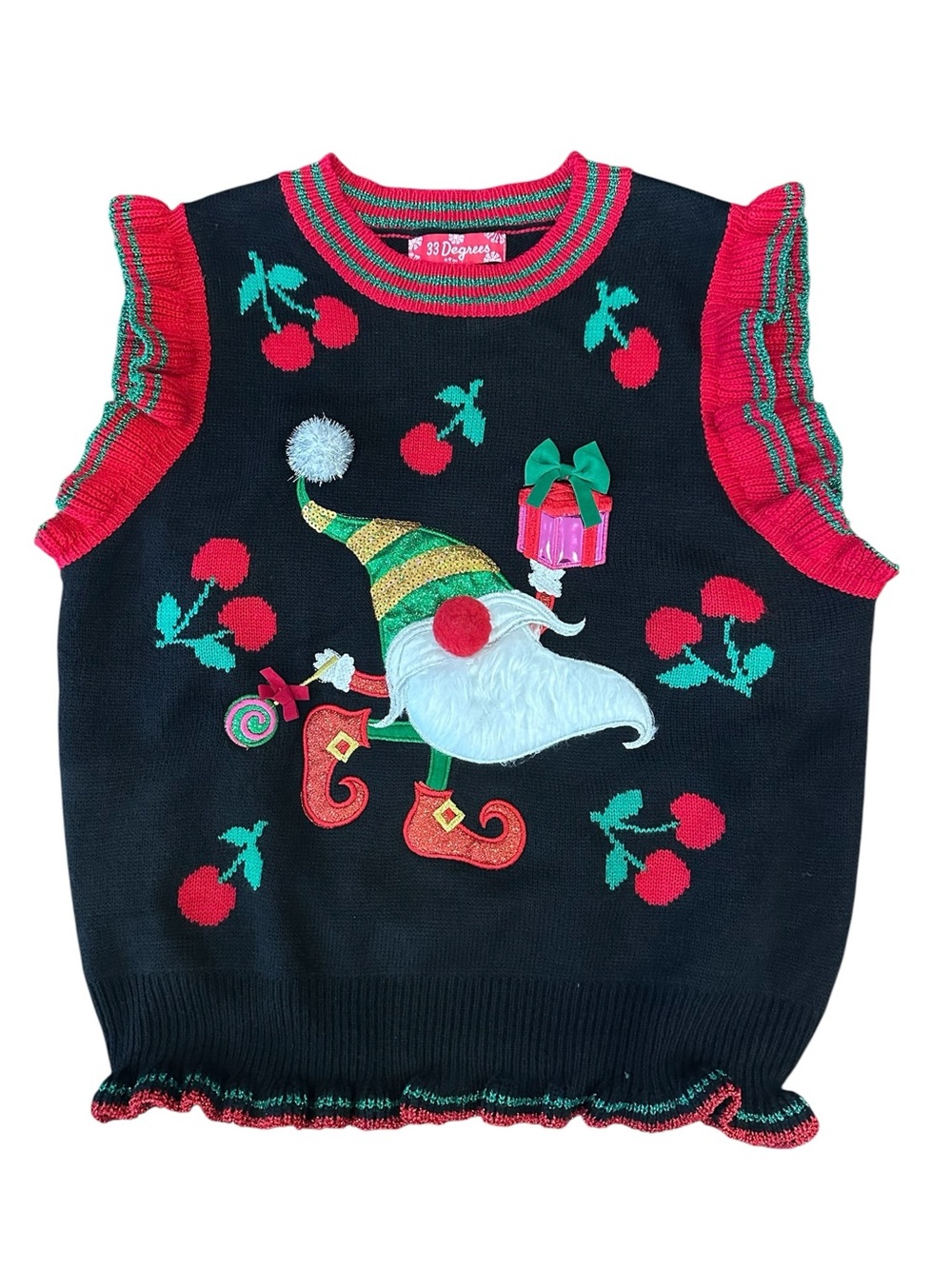 33 Degrees Women's Christmas Elf & Present Cherries Sweater Vest Black Red XL